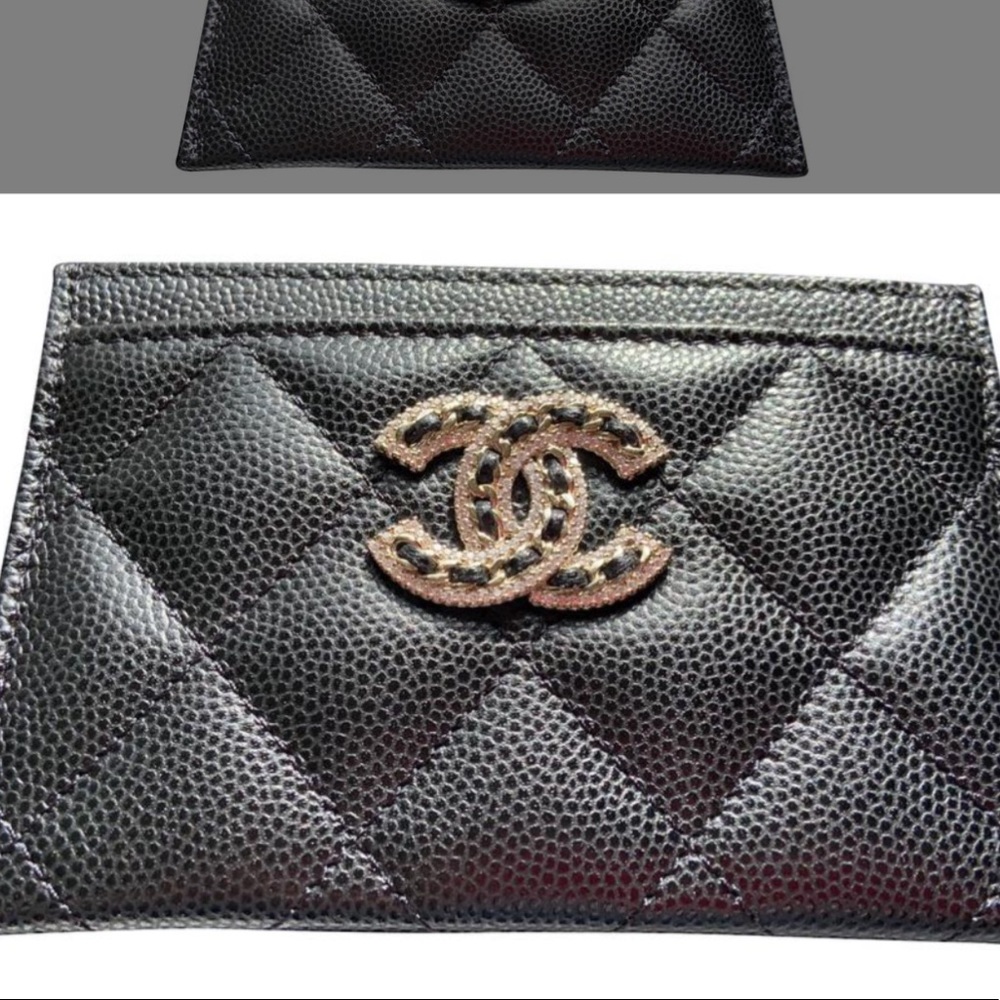 CHANEL Caviar Quilted Crystal CC Card Holder Black